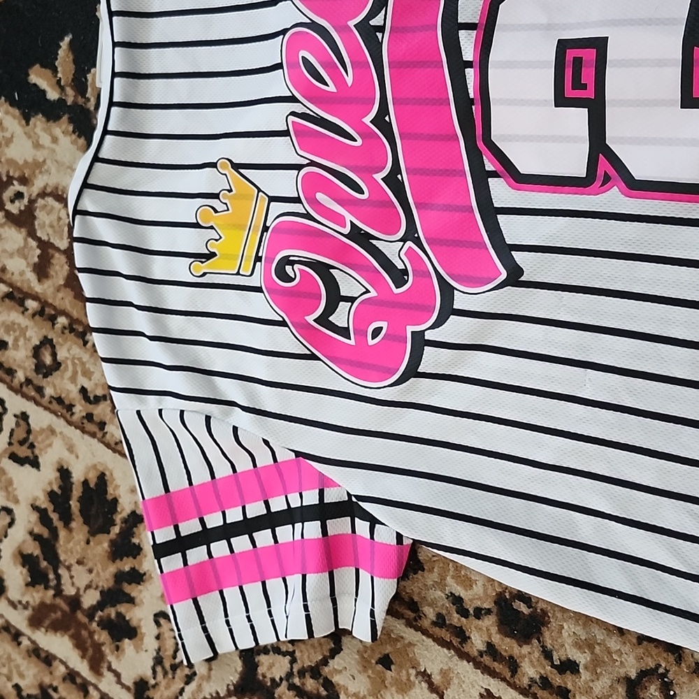 F of NY Queen Graphic Striped Baseball Styled Button Up Shirt- Pink & Black; 2X - Picture 9 of 12